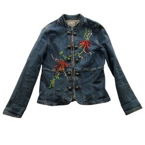 Live A Little Womens Jean Jacket Medium Petite Embroidered Floral Blue Denim Y2K